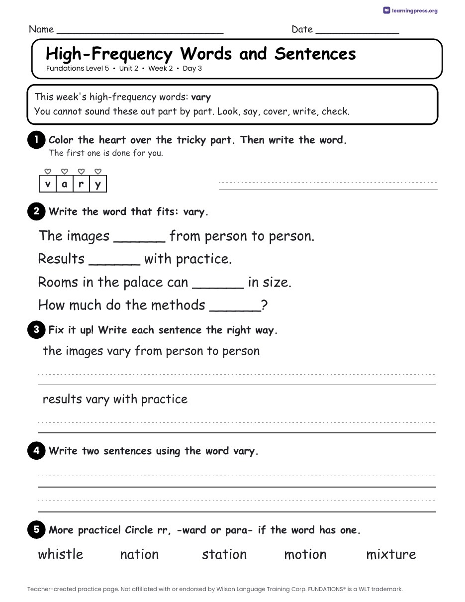 Preview page 4 of Fundations Level 5 Unit 2 Daily Lesson Work Pages