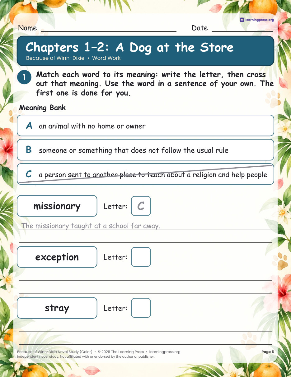 Preview page 2 of Because of Winn-Dixie Novel Study · Chapter Questions, Vocabulary & More