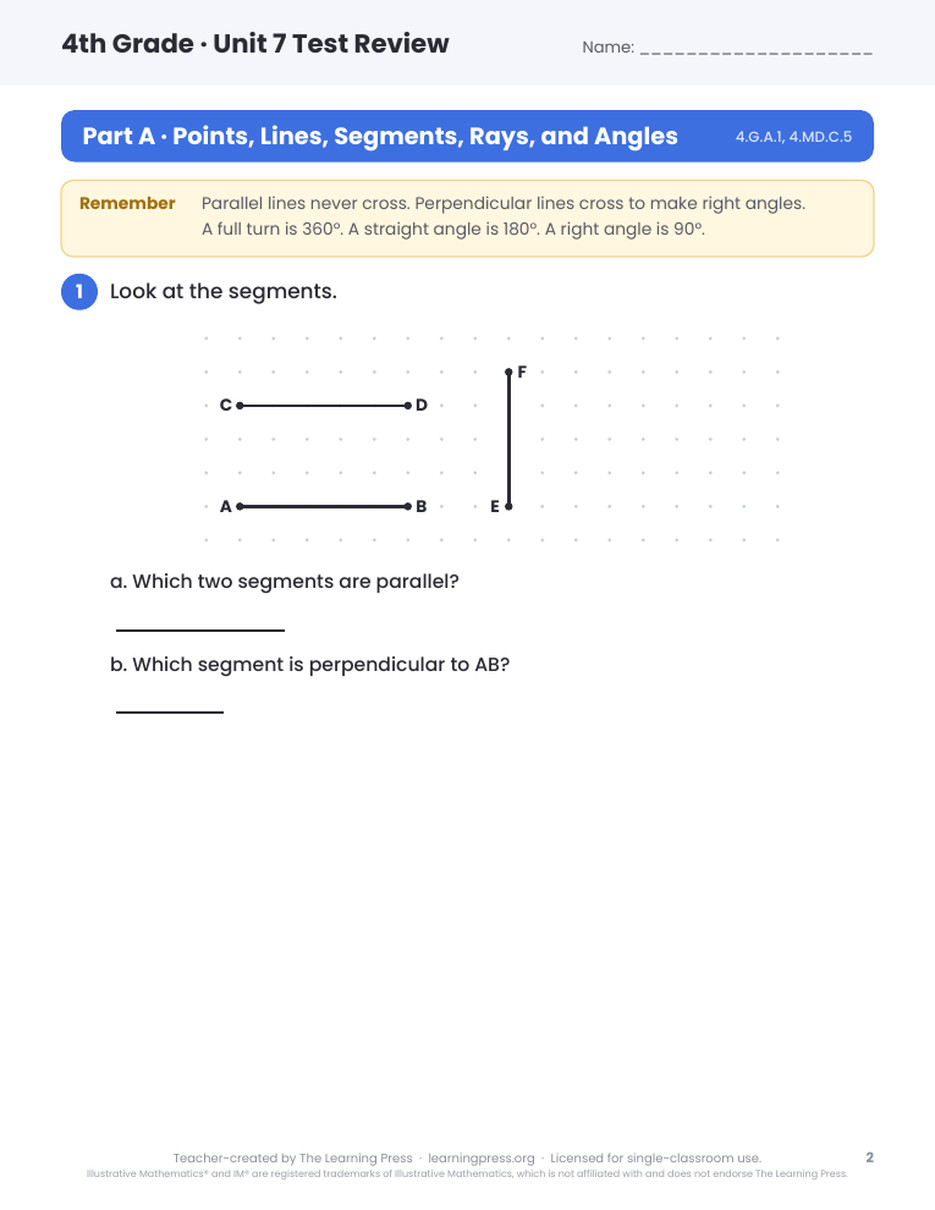 Preview page 1 of Illustrative Math (IM®) Aligned 4th Grade Unit 7 Test Review