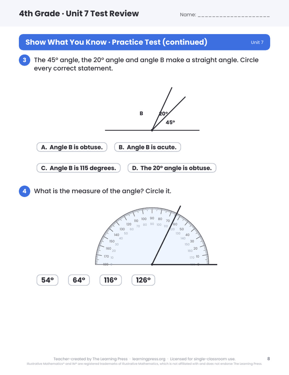 Preview page 4 of Illustrative Math (IM®) Aligned 4th Grade Unit 7 Test Review