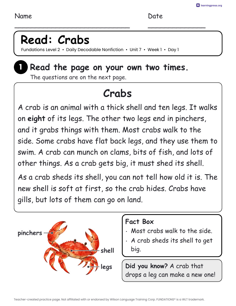 Preview page 1 of Fundations-Aligned Daily Decodable Nonfiction · Level 2 Unit 7