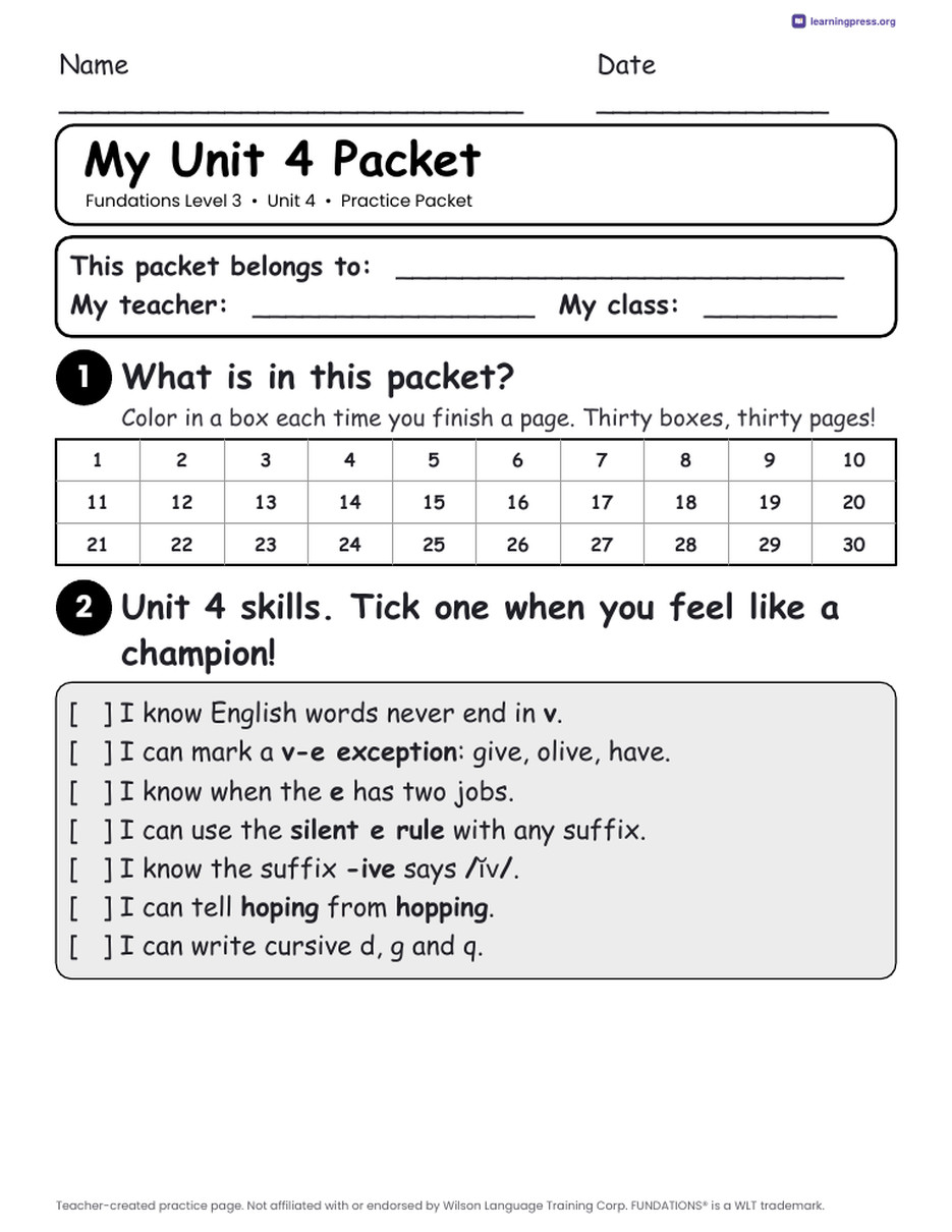 Preview page 1 of Fundations Level 3 Unit 4 Practice Packet