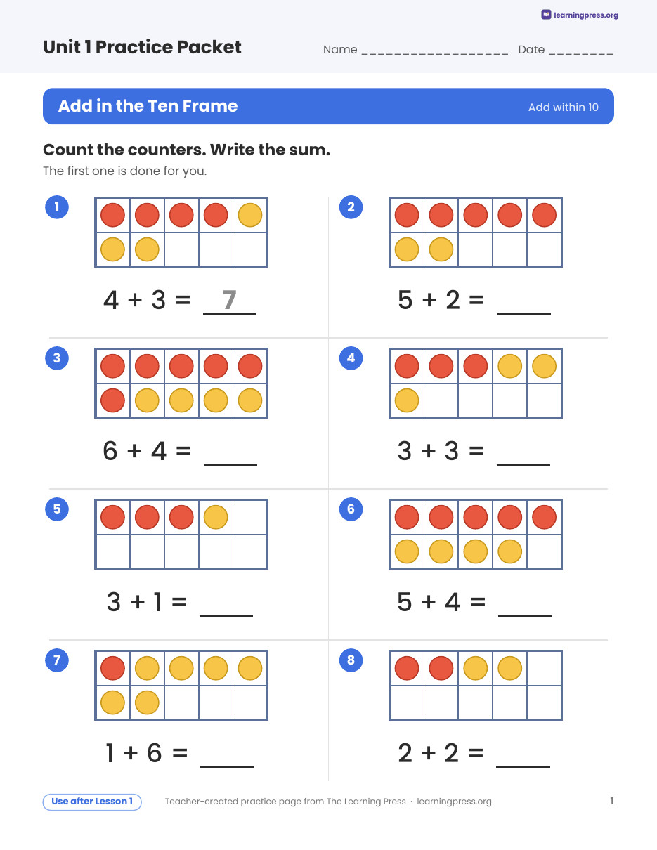Preview page 1 of Illustrative Math (IM®) Aligned 2nd Grade Unit 1 Practice Packet (Color & B&W)