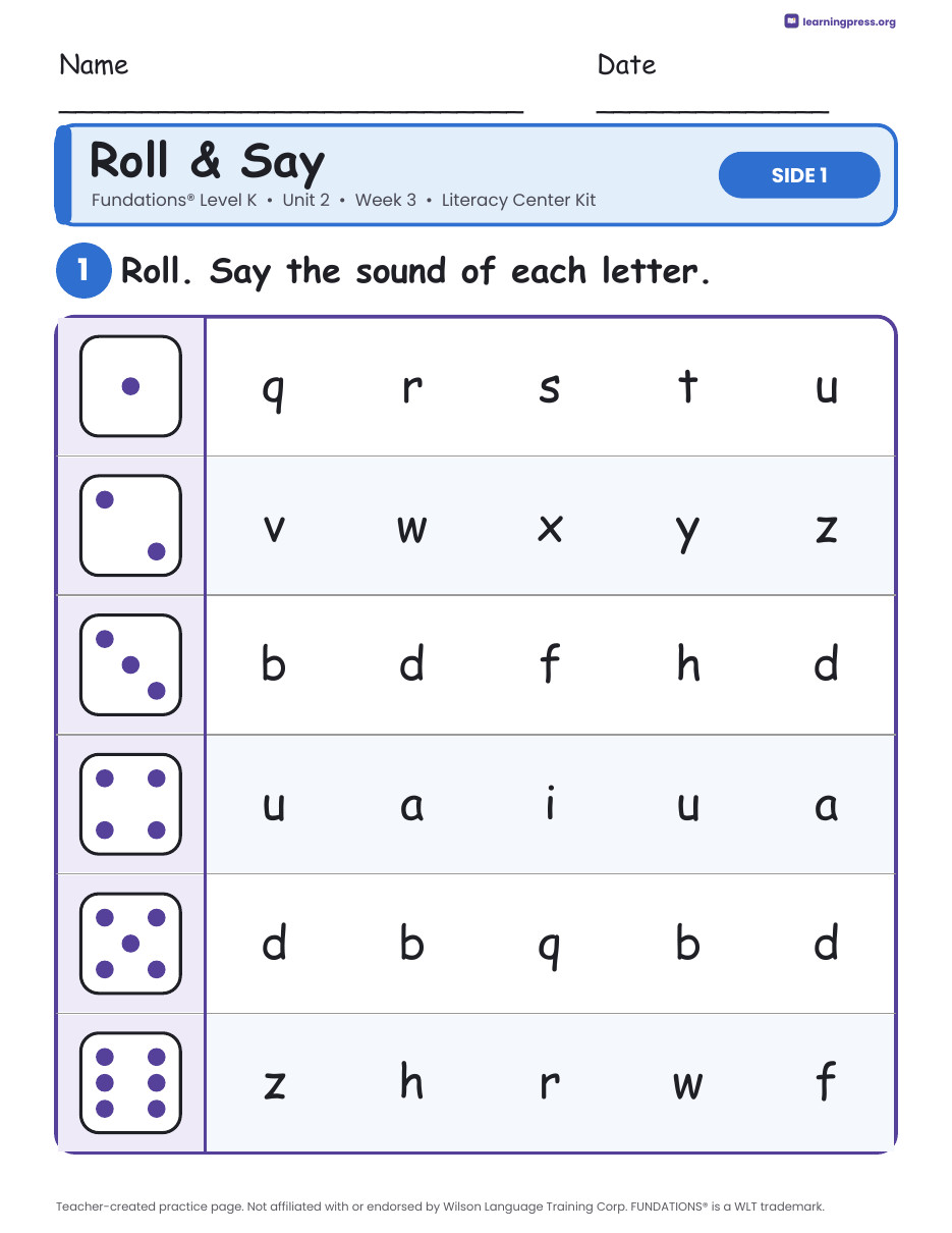Preview page 1 of Fundations Level K Unit 2 Week 3 Literacy Center Kit