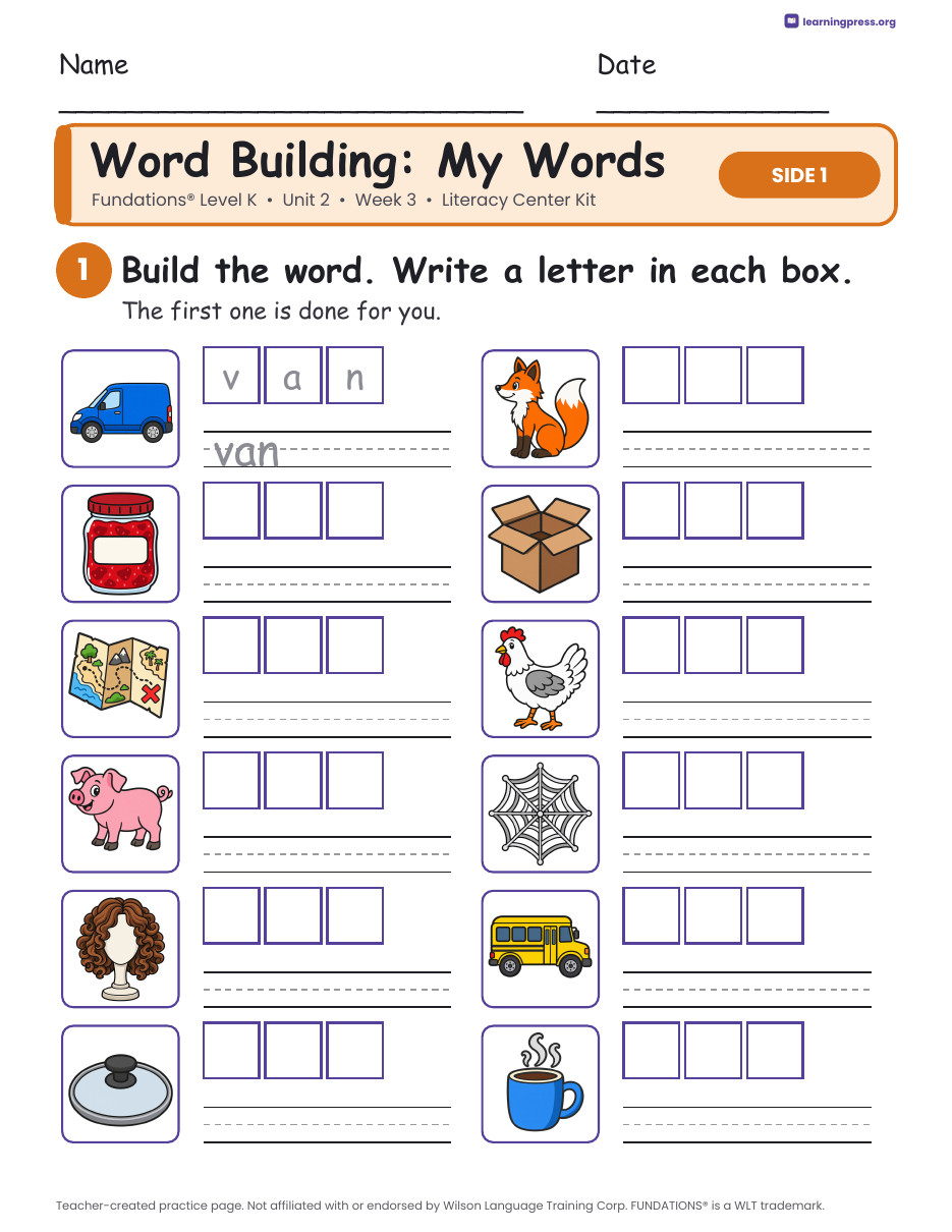 Preview page 2 of Fundations Level K Unit 2 Week 3 Literacy Center Kit