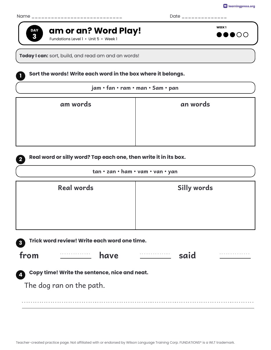 Preview page 2 of Fundations Level 1 Unit 5 Daily Lesson Work Pages