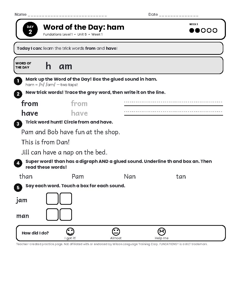 Preview page 3 of Fundations Level 1 Unit 5 Practice Pack