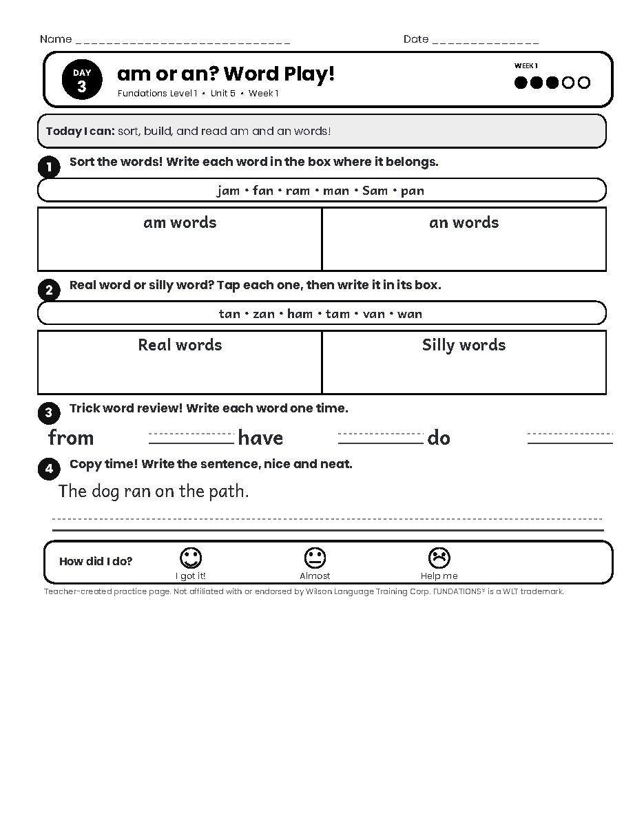Preview page 4 of Fundations Level 1 Unit 5 Practice Pack