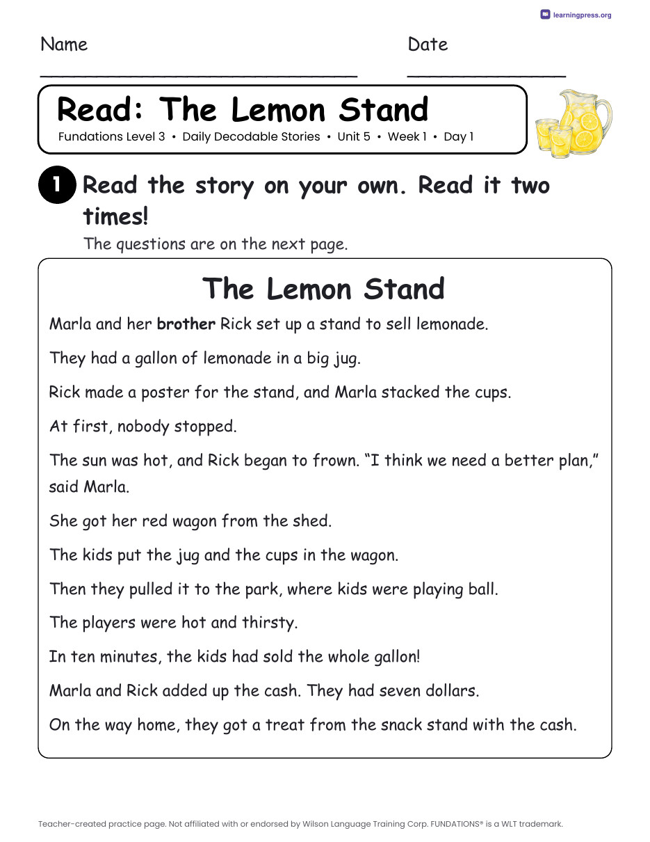 Preview page 1 of Fundations Level 3 Unit 5 Daily Decodable Stories