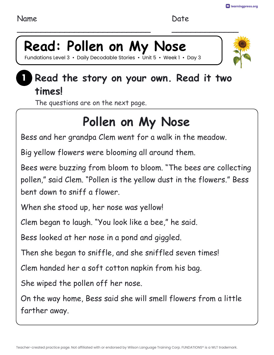 Preview page 2 of Fundations Level 3 Unit 5 Daily Decodable Stories