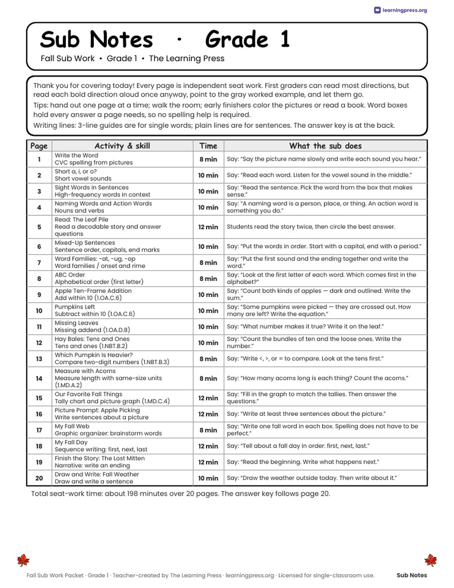 Preview page 2 of Fall Sub Work Packet · Grade 1