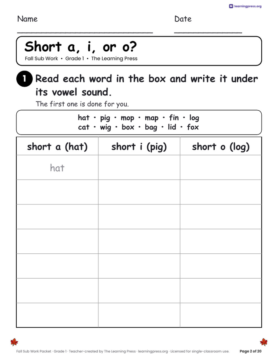 Preview page 4 of Fall Sub Work Packet · Grade 1