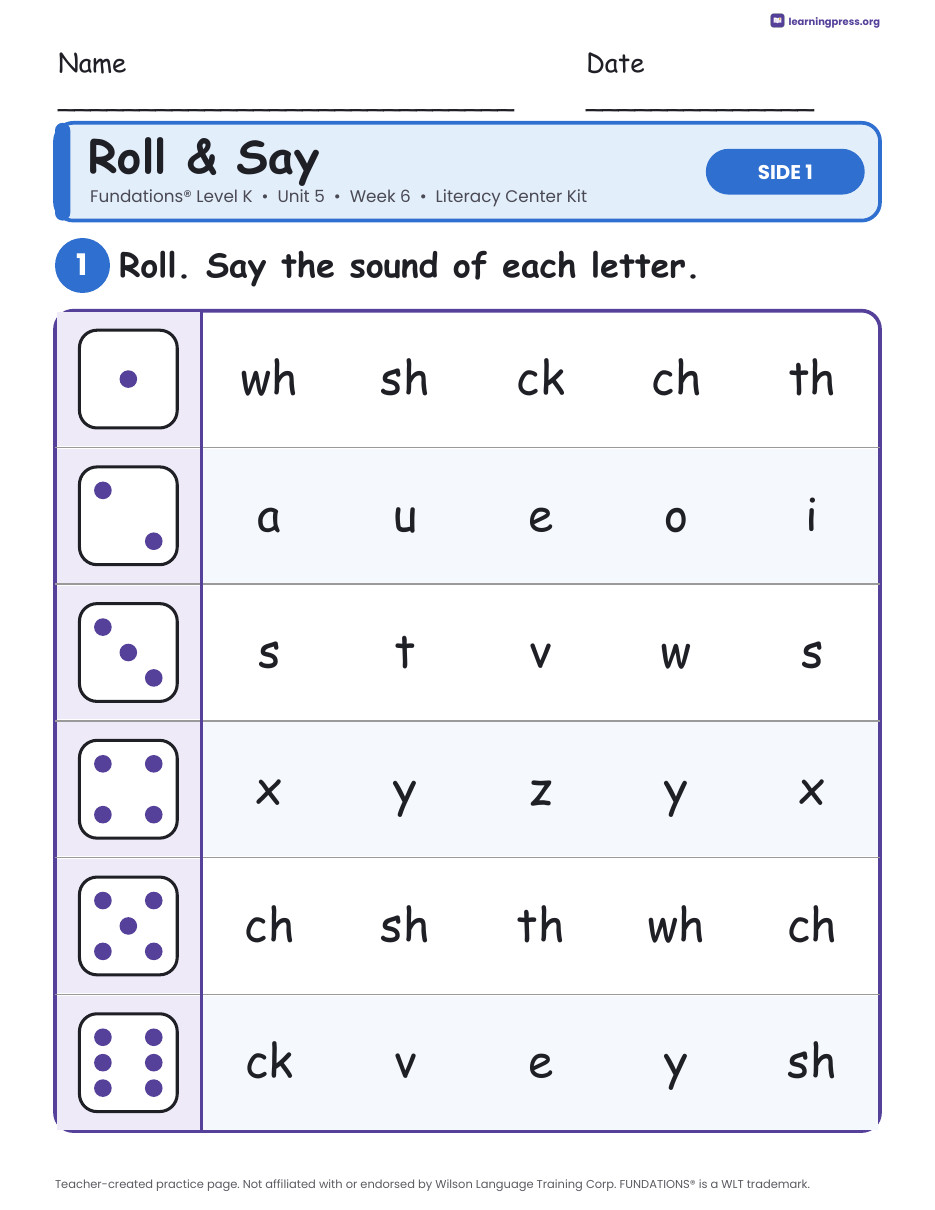Preview page 1 of Fundations Level K Unit 5 Week 6 Literacy Center Kit