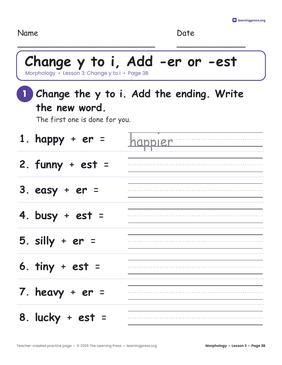 Preview page 4 of Grade 3 Morphology Unit 1: Word Parts, Drop e, Double, y to i · Slides + Pages