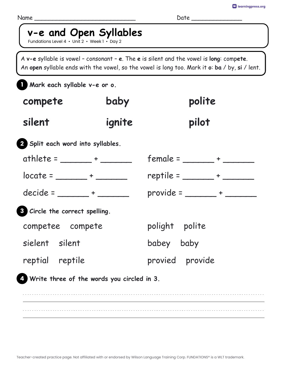 Preview page 1 of Fundations Level 4 Unit 2 Daily Lesson Work Pages
