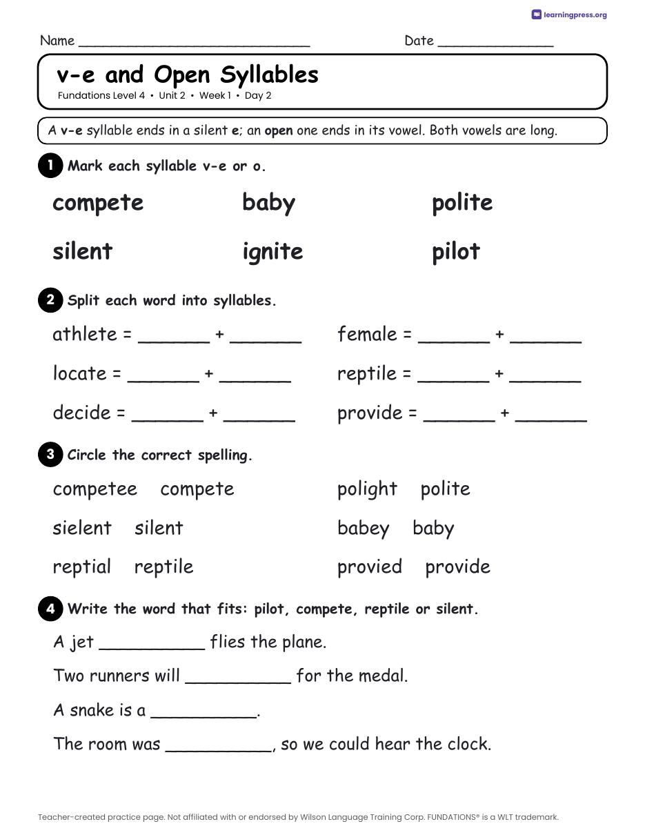 Preview page 1 of Fundations Level 4 Unit 2 Daily Lesson Work Pages
