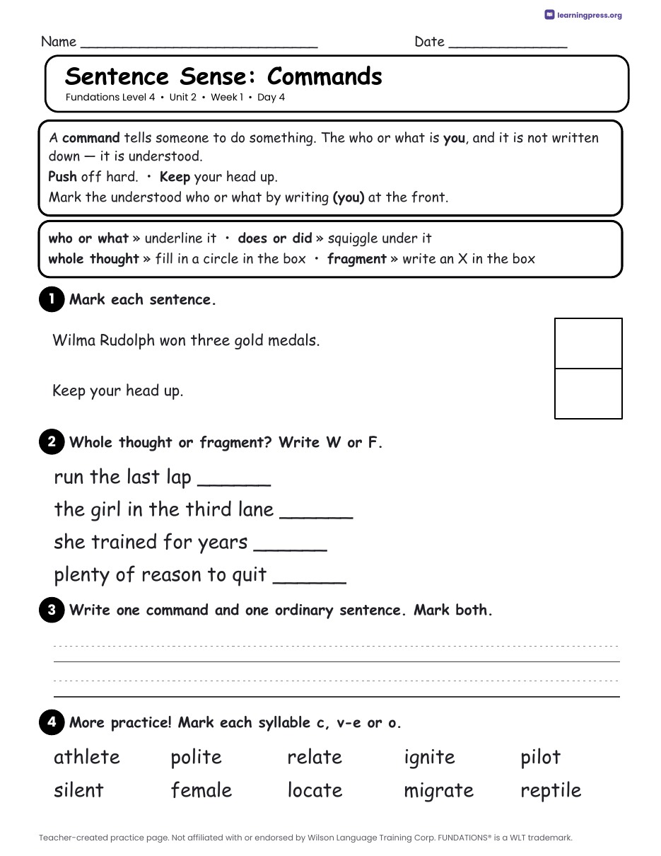 Preview page 2 of Fundations Level 4 Unit 2 Daily Lesson Work Pages
