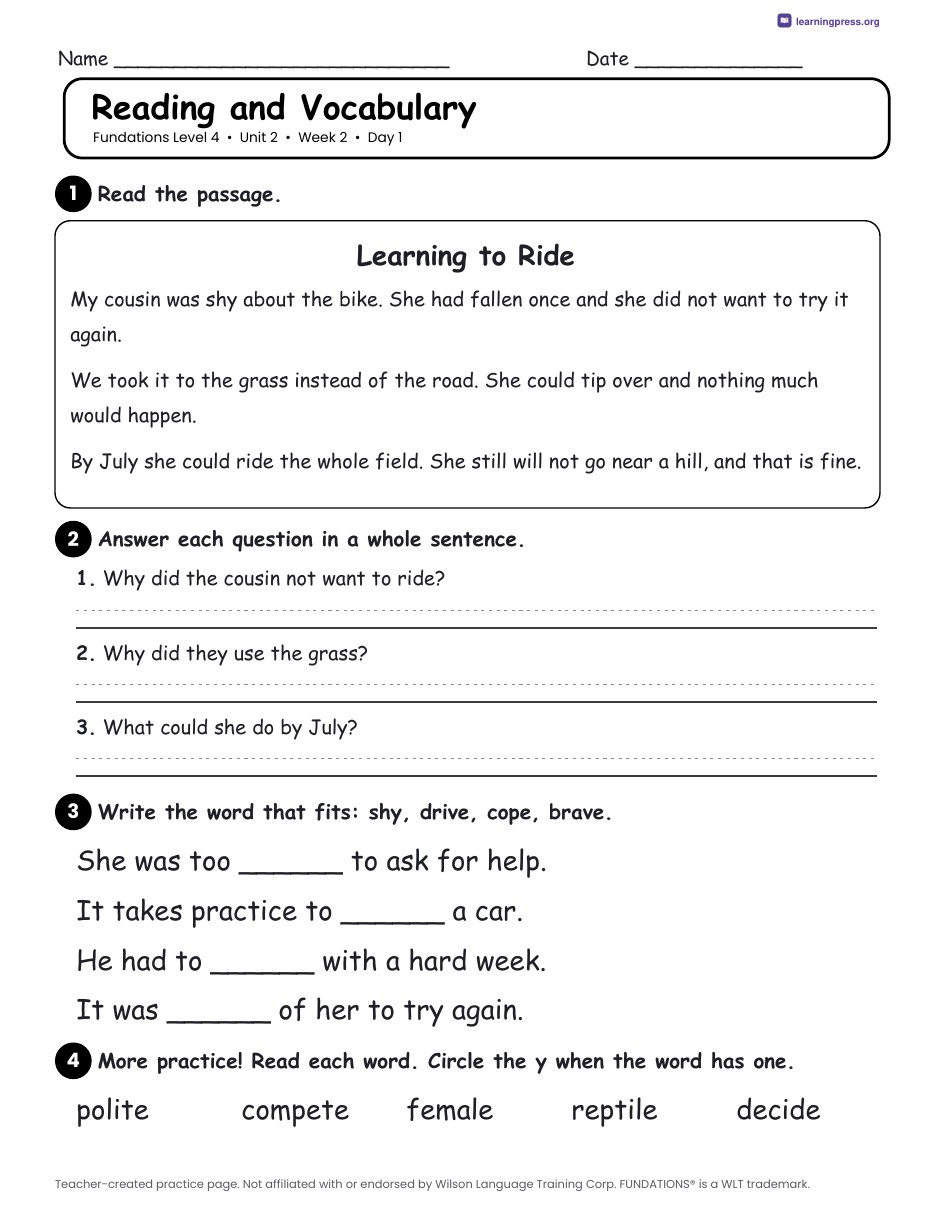 Preview page 3 of Fundations Level 4 Unit 2 Daily Lesson Work Pages