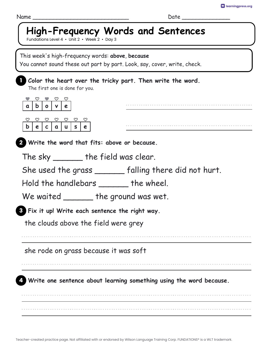 Preview page 4 of Fundations Level 4 Unit 2 Daily Lesson Work Pages