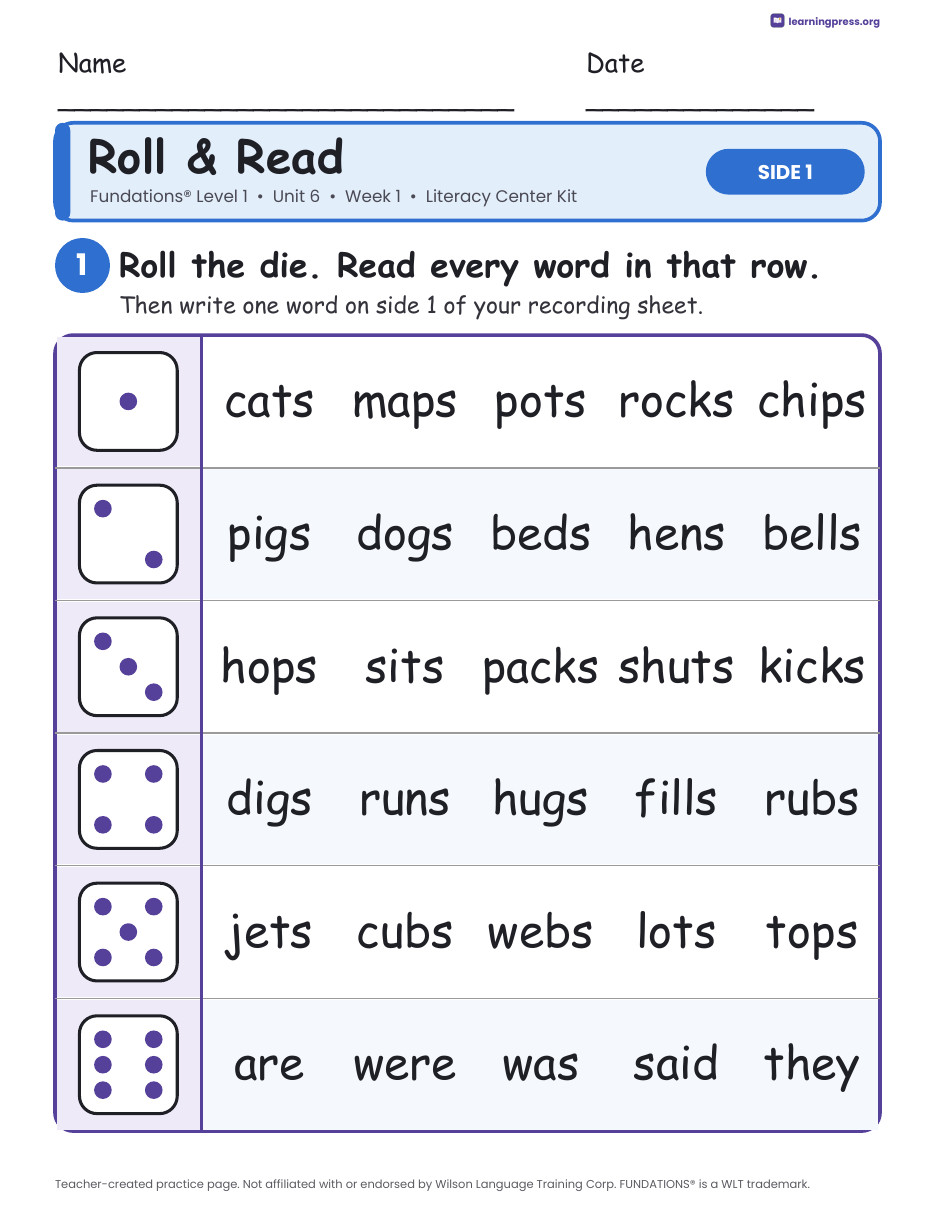 Preview page 1 of Fundations Level 1 Unit 6 Week 1 Literacy Center Kit