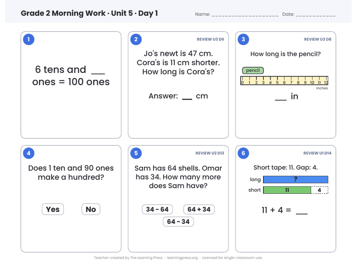 Preview page 1 of Illustrative Math (IM®) Aligned 2nd Grade Unit 5 Morning Work