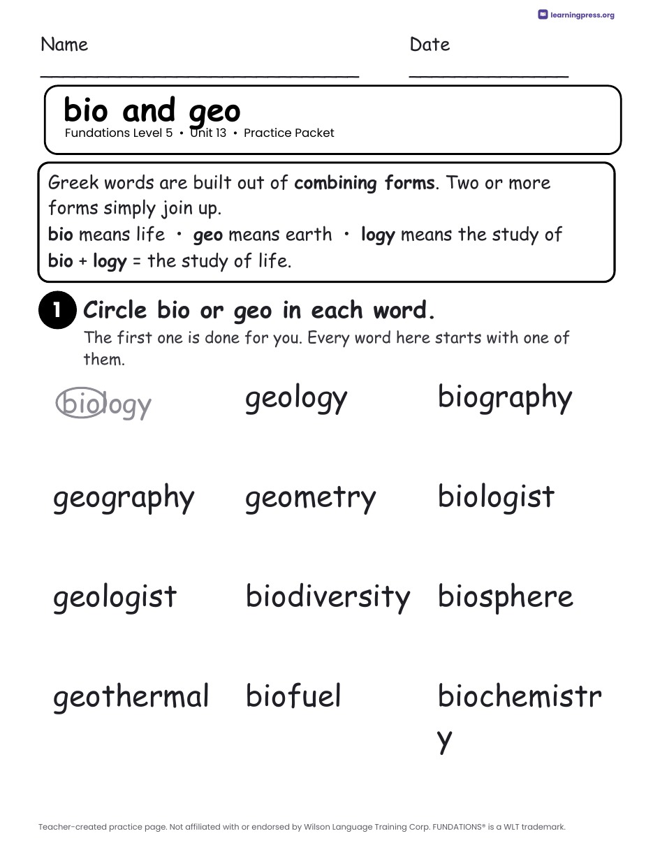 Preview page 1 of Fundations Level 5 Unit 13 Practice Packet