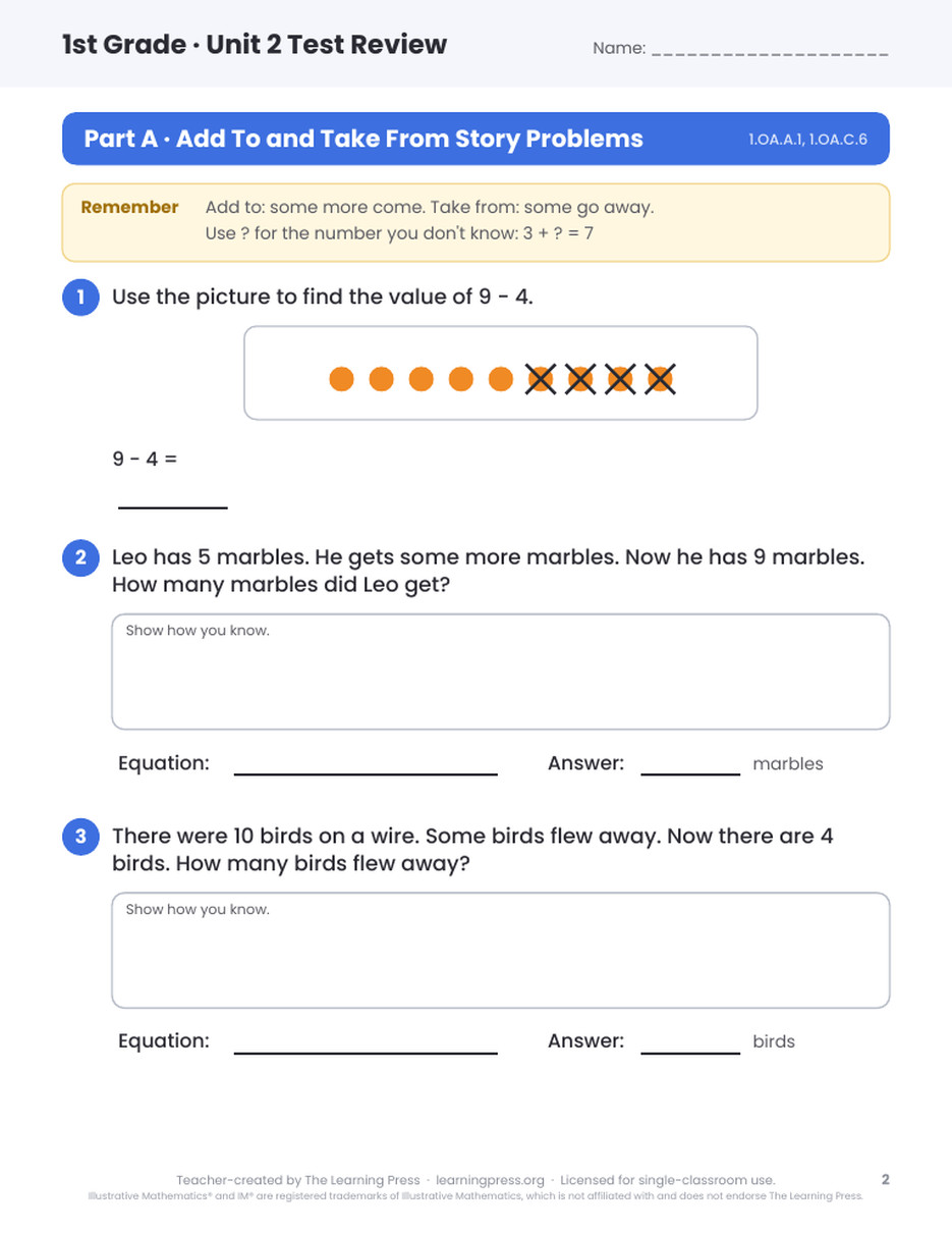 Preview page 1 of Illustrative Math (IM®) Aligned 1st Grade Unit 2 Test Review