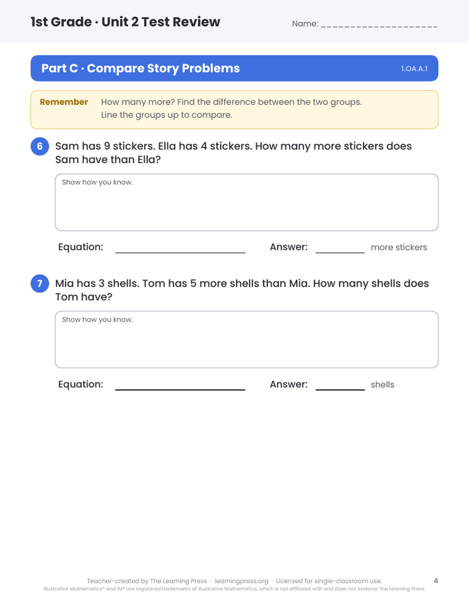 Preview page 3 of Illustrative Math (IM®) Aligned 1st Grade Unit 2 Test Review