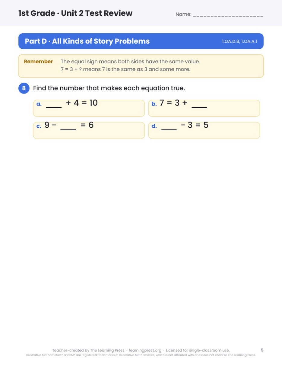 Preview page 4 of Illustrative Math (IM®) Aligned 1st Grade Unit 2 Test Review