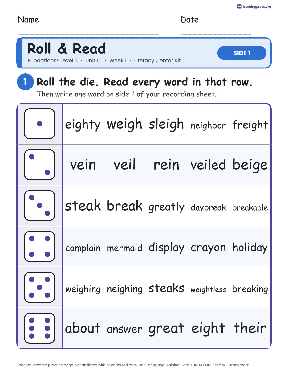 Preview page 1 of Fundations Level 3 Unit 10 Week 1 Literacy Center Kit