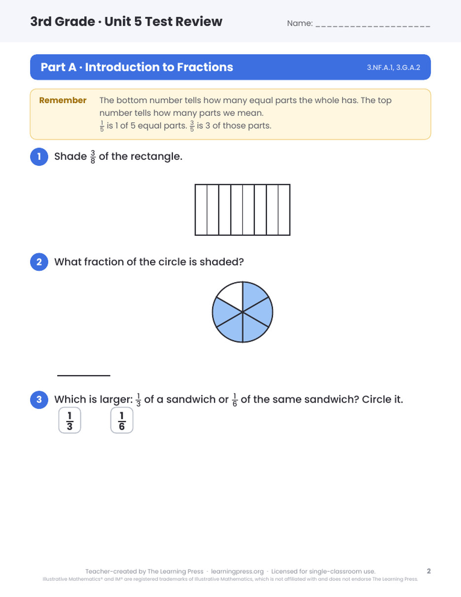 Preview page 1 of Illustrative Math (IM®) Aligned 3rd Grade Unit 5 Test Review