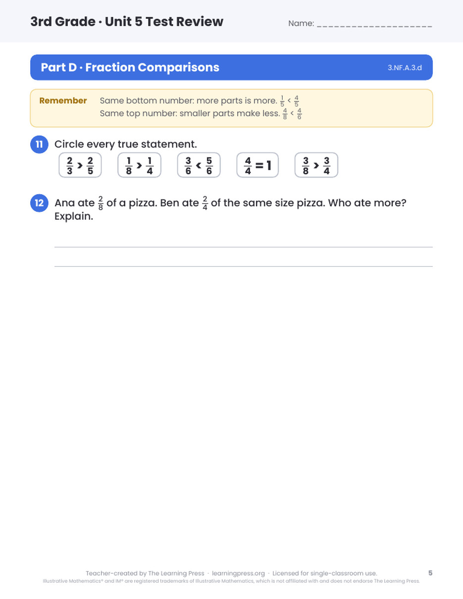 Preview page 4 of Illustrative Math (IM®) Aligned 3rd Grade Unit 5 Test Review