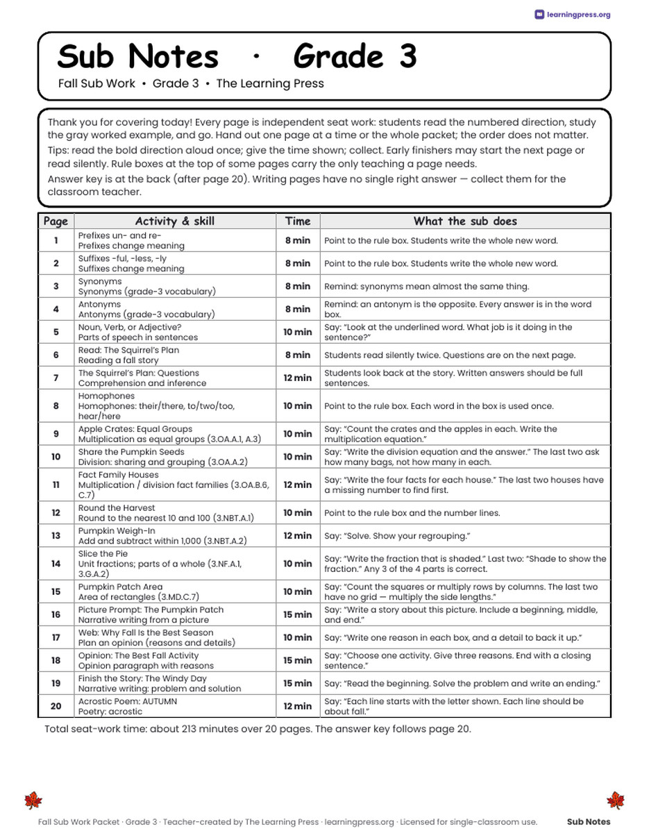 Preview page 2 of Fall Sub Work Packet · Grade 3
