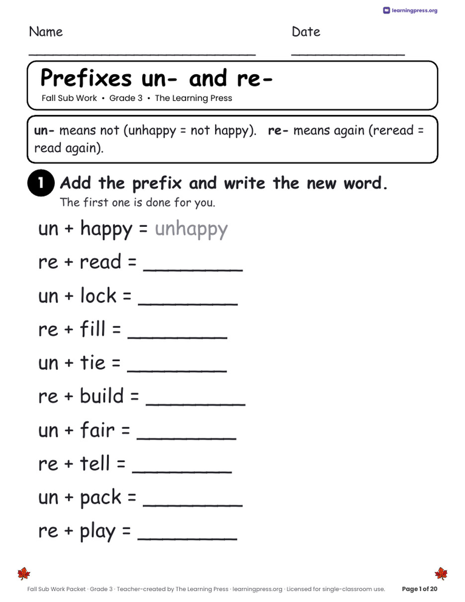 Preview page 3 of Fall Sub Work Packet · Grade 3