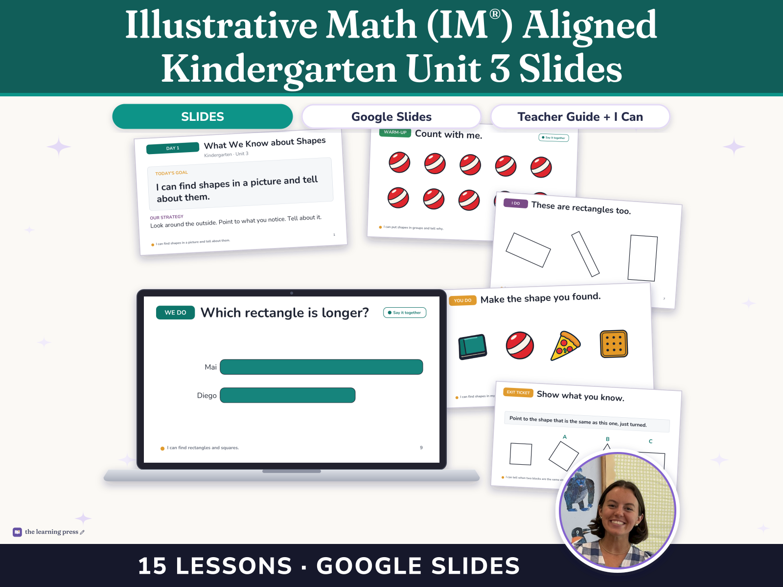 Preview page 1 of Illustrative Math (IM®) Aligned Kindergarten Unit 3 Slides: Flat Shapes All Around Us