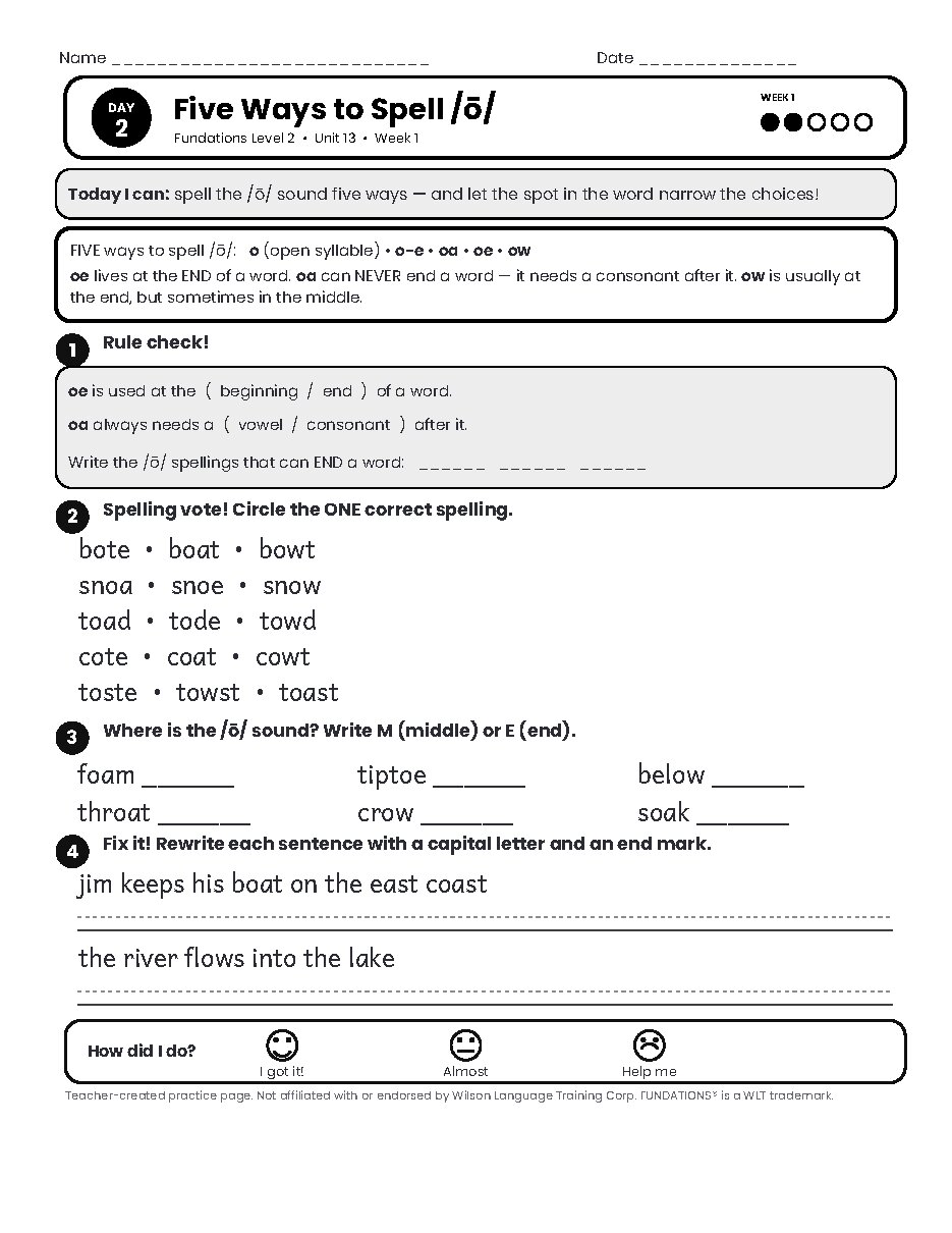 Preview page 3 of Fundations Level 2 Unit 13 Practice Pack