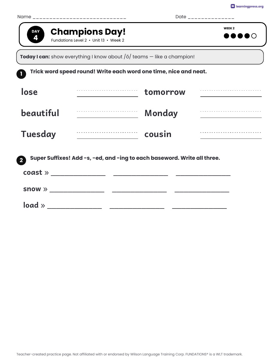 Preview page 4 of Fundations Level 2 Unit 13 Daily Lesson Work Pages