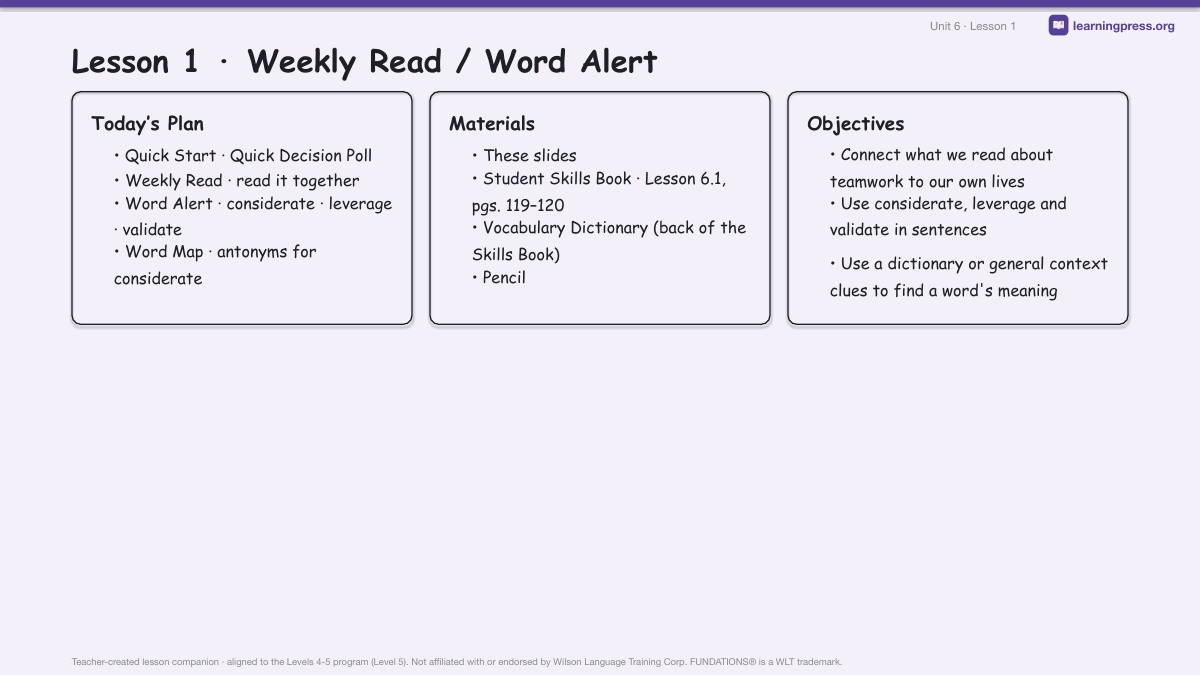Preview page 1 of Fundations Level 5 Unit 6 Lesson Slides