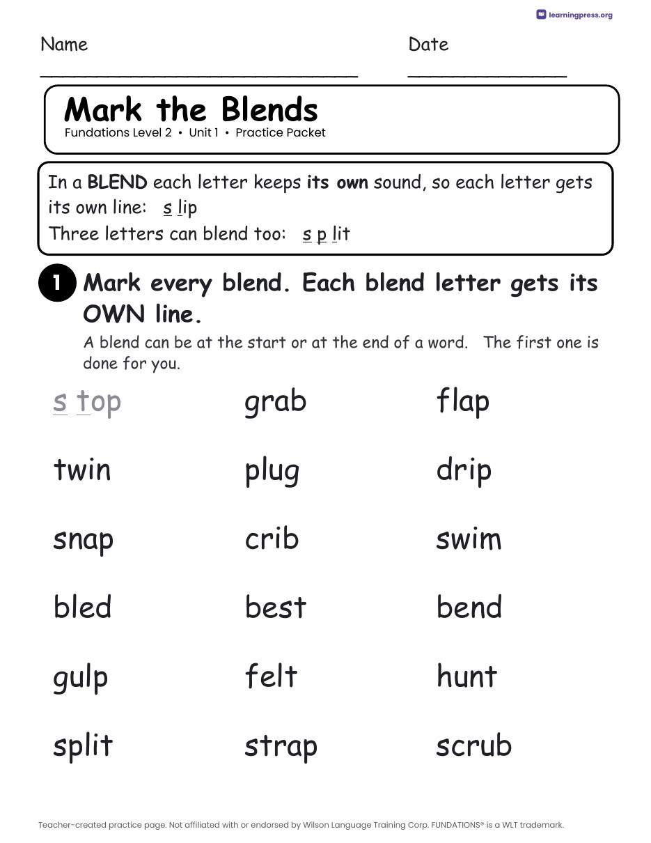 Preview page 4 of Free Fundations Level 2 Unit 1 Practice Packet Sample