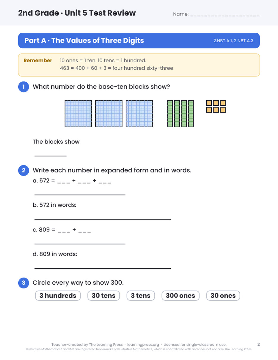 Preview page 1 of Illustrative Math (IM®) Aligned 2nd Grade Unit 5 Test Review