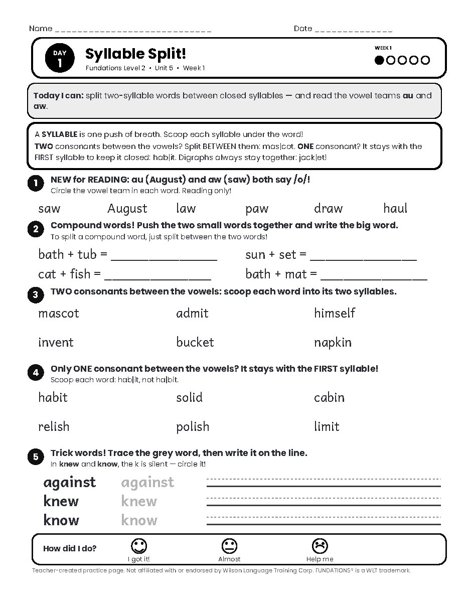 Preview page 2 of Fundations Level 2 Unit 5 Practice Pack