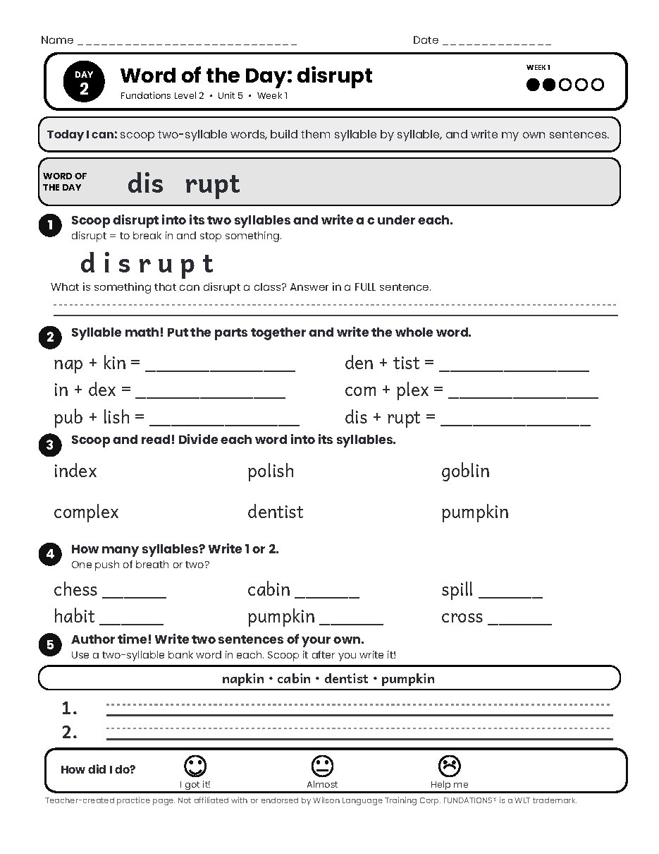 Preview page 3 of Fundations Level 2 Unit 5 Practice Pack