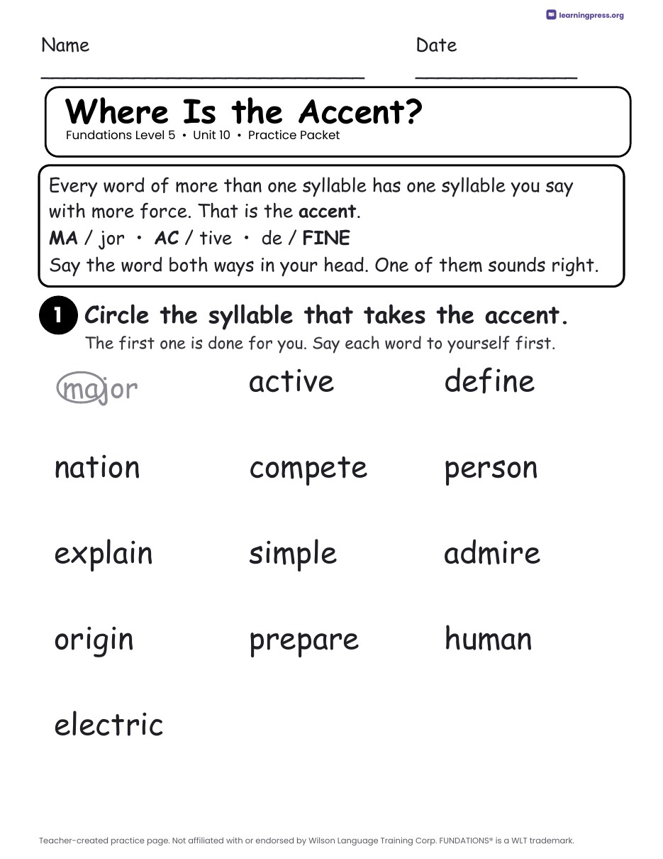 Preview page 1 of Fundations Level 5 Unit 10 Practice Packet