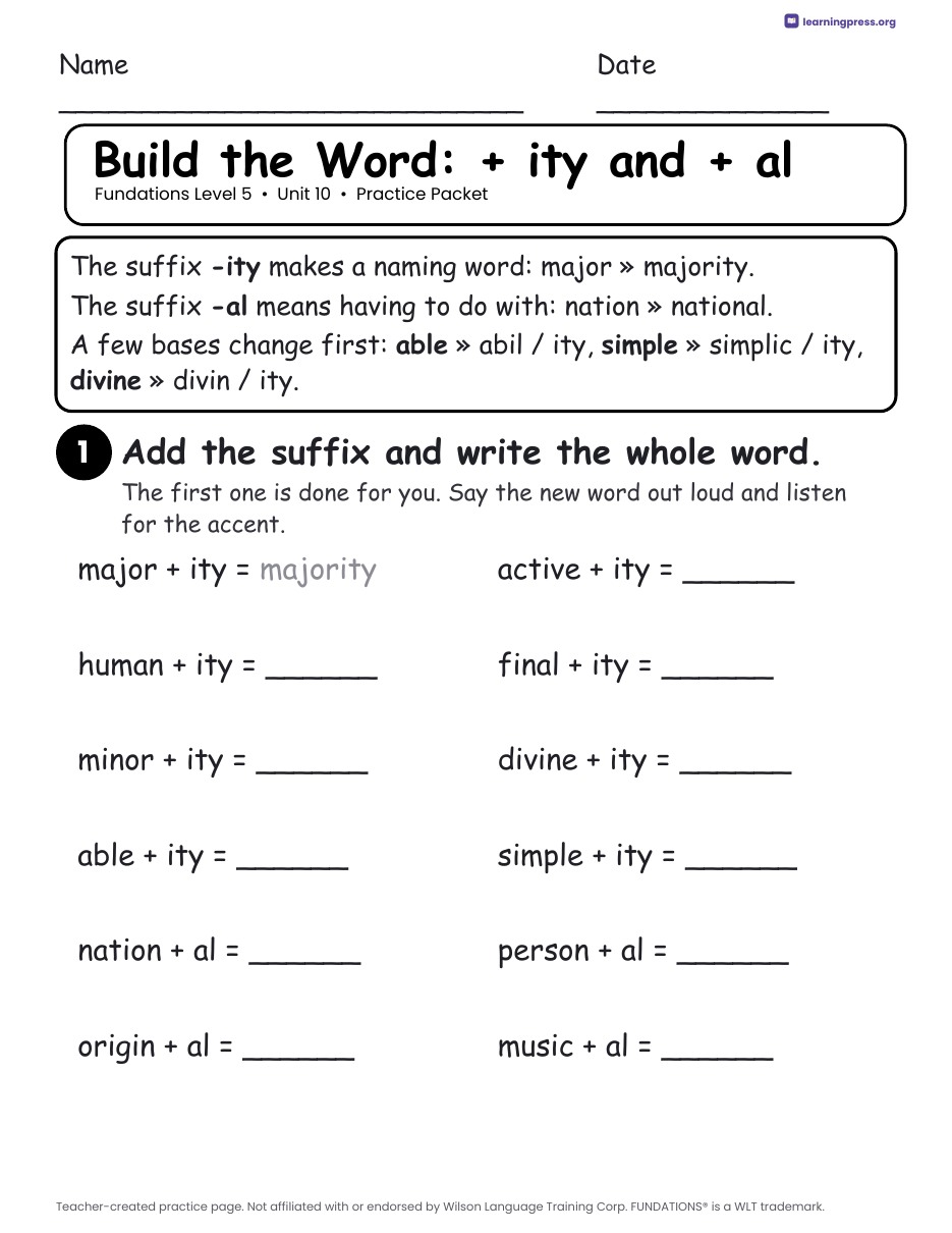 Preview page 2 of Fundations Level 5 Unit 10 Practice Packet
