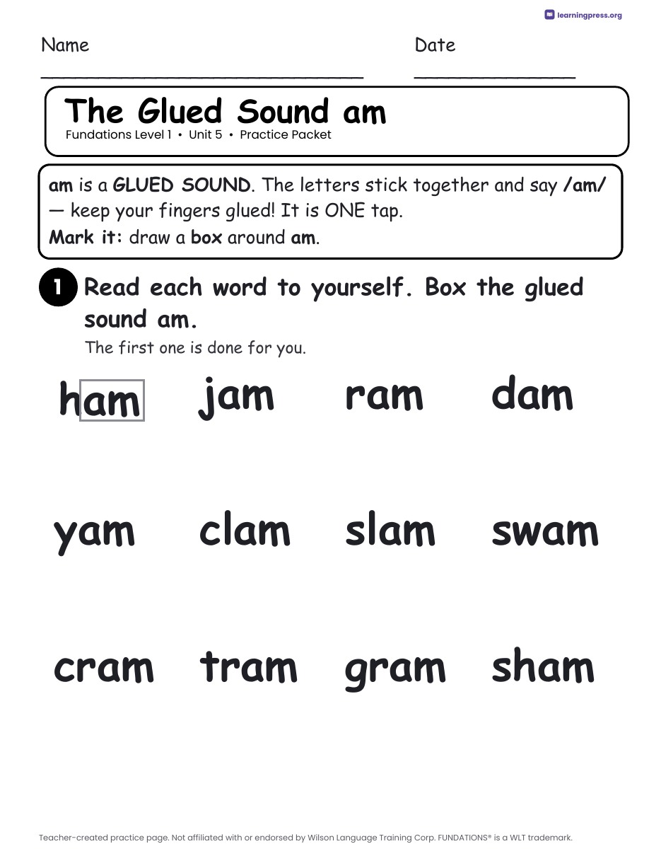 Preview page 1 of Fundations Level 1 Unit 5 Practice Packet