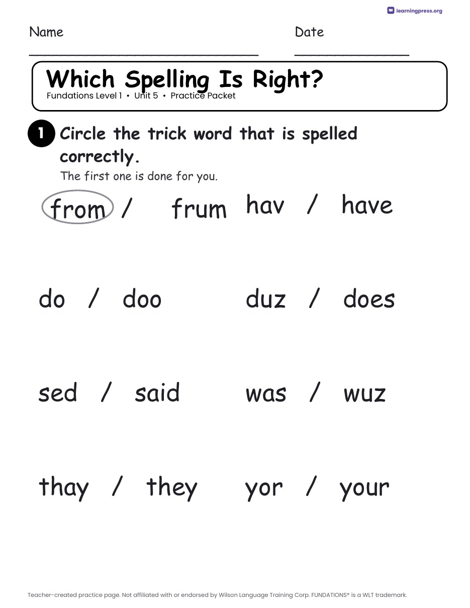 Preview page 2 of Fundations Level 1 Unit 5 Practice Packet