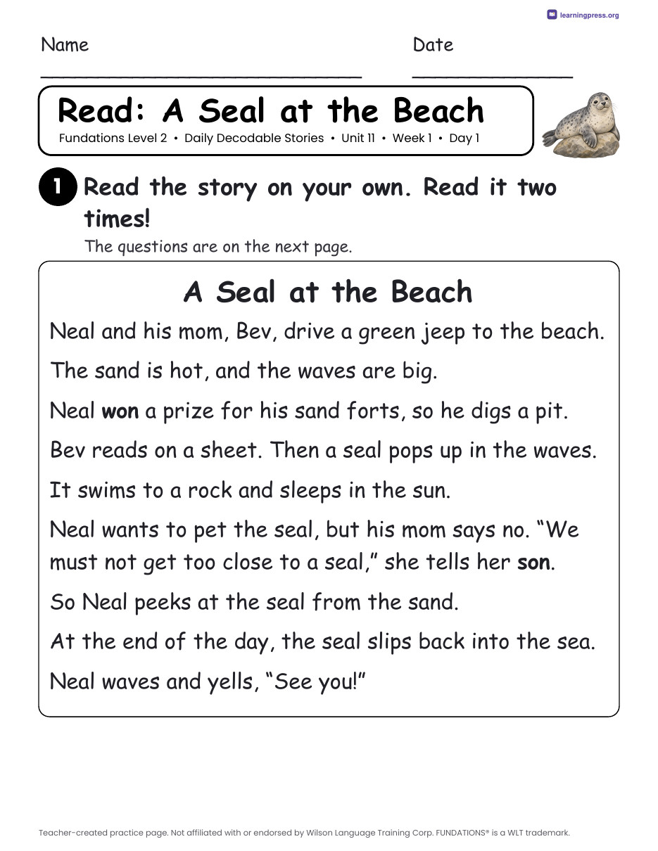 Preview page 1 of Fundations Level 2 Unit 11 Daily Decodable Stories