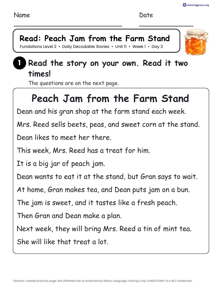 Preview page 2 of Fundations Level 2 Unit 11 Daily Decodable Stories