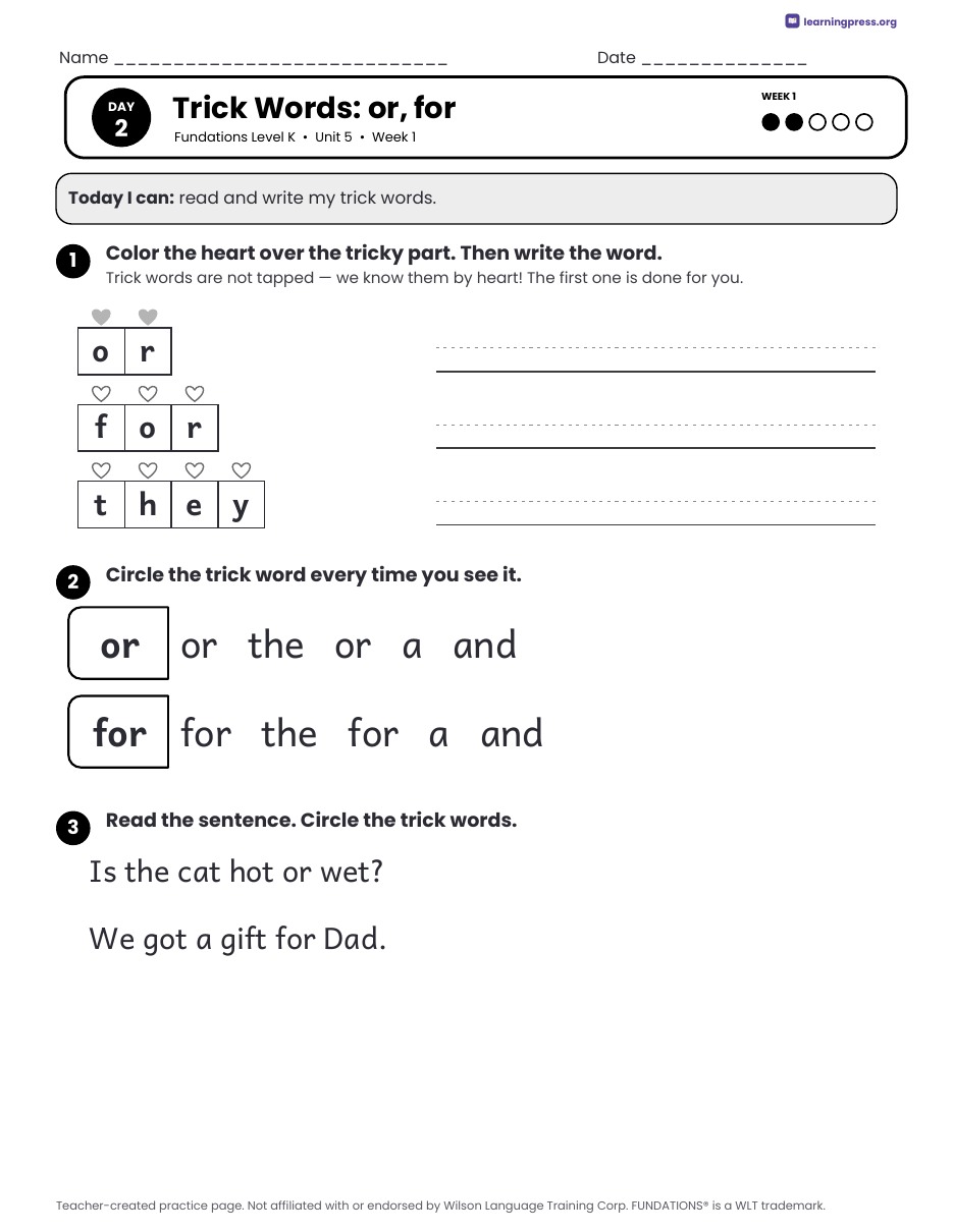 Preview page 1 of Fundations Level K Unit 5 Daily Lesson Work Pages