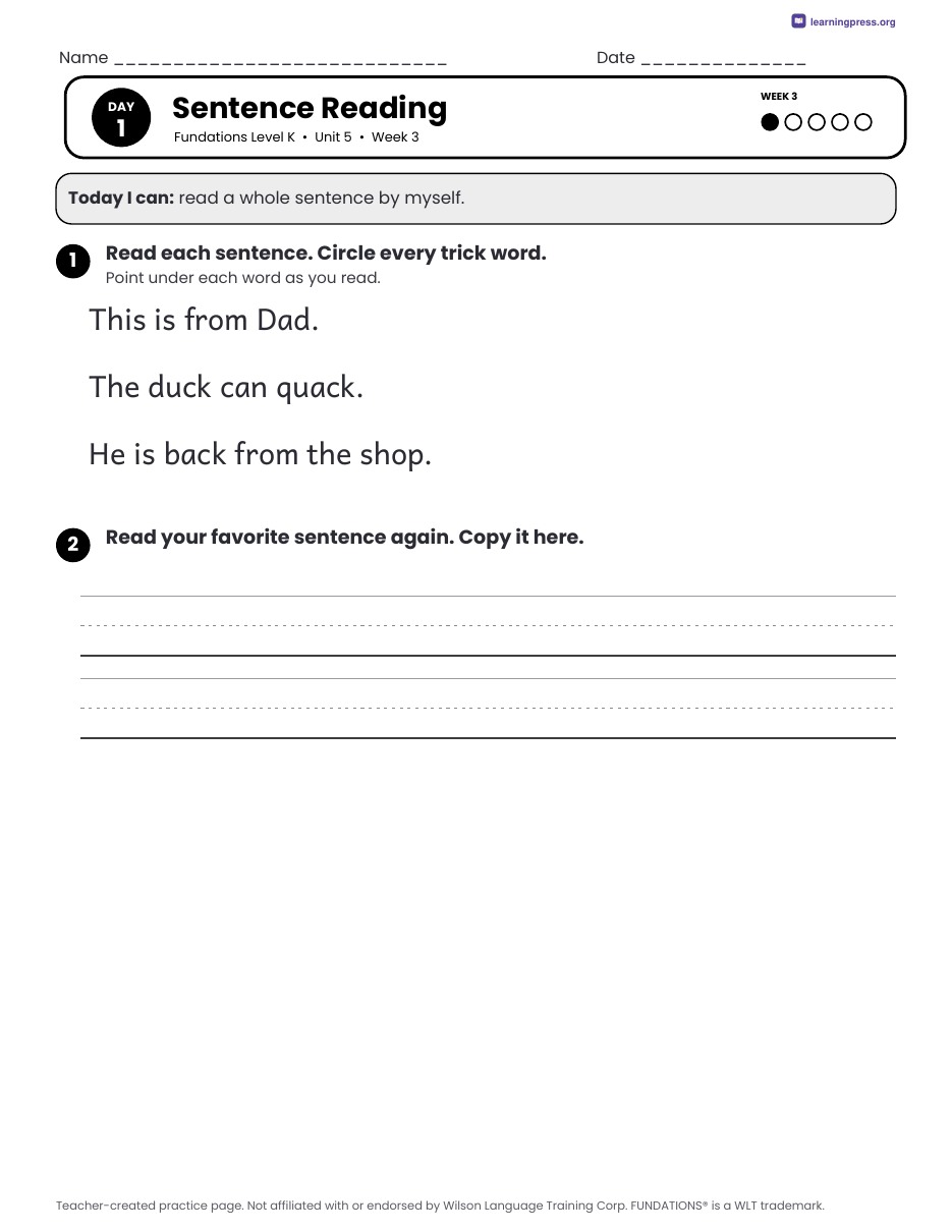 Preview page 2 of Fundations Level K Unit 5 Daily Lesson Work Pages
